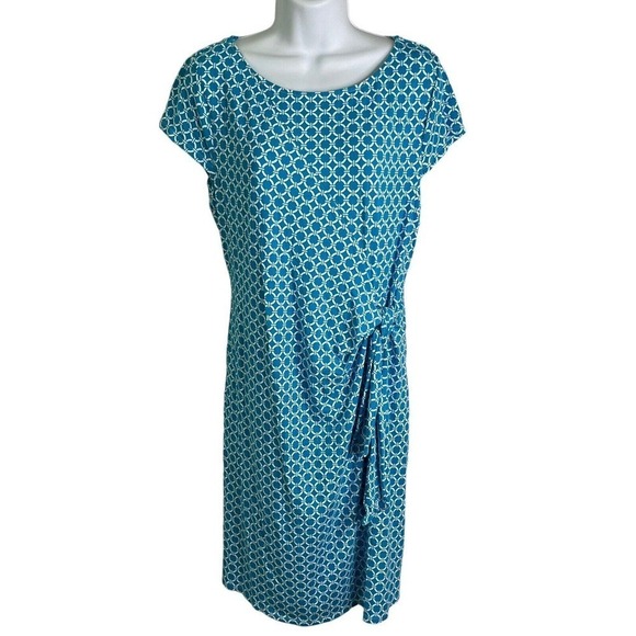 NWT Talbots Plus Sz X Dress Sheath Self Tie Cap Sleeve Stretch Blue Geo Print - Picture 1 of 9